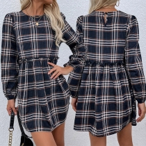 Casual Style Long Sleeve Round Neck High Waist Plaid Dress