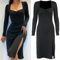 Retro Style Long Sleeve Square Collar Slit Hem Solid Color Slim Fit Dress
