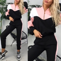 Fashion Contrast Color Long Sleeve Sweatshirt + Pants Sports Two-piece Set