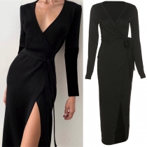 Sexy Deep V-neck Slit Hem Long Sleeve High Waist SLim Fit Party Dress