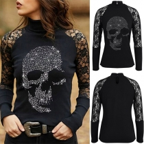 Sexig spets skarvad långärmad Mock Neck Rhinestone Skull Bottoming Top