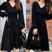 Elegant Solid Color Long Sleeve V-neck Front-button High Waist Dress