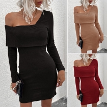 Sexy Off-shoulder Long Sleeve Solid Color Slim Fit Dress