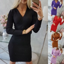Fashion Solid Color Long Sleeve V-neck High Waist Slim Fit Knit Dress