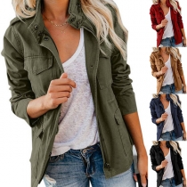 Chic Style Långärmad POLO Krage Dragsko Midja Enfärgad blus