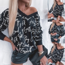 Fashion Long Sleeve V-neck Letters Printed Loose Sweatshirt