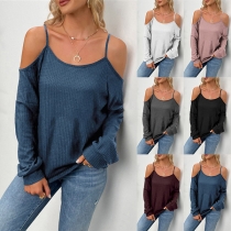 Sexig off-shoulder långärmad enfärgad topp med band