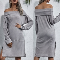 Sexy Off-shoulder Boat Neck Slit Hem Long Sleeve Solid Color Dress