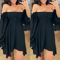 Sexy Off-shoulder Boat Neck Long Sleeve Irregular Hem Solid Color Dress