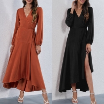 Sexy V-neck Long Sleeve High Waist Solid Color Irregular Hem Dress