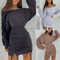 Sexy Oblique Shoulder Long Sleeve Drawstring Hem Wrinkled Slim Fit Dress