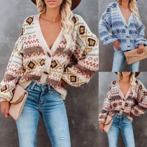 Fashion Lantern Sleeve V-neck Printed Loose Knit Cardigan
