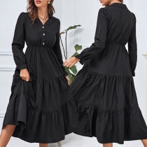Retro Style Long Sleeve V-neck High Waist Solid Color Cake Dress
