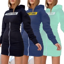 Casual Style Letters Printed Front-zipper Long Sleeve Hooded Slim Fit Sweatshirt Dress