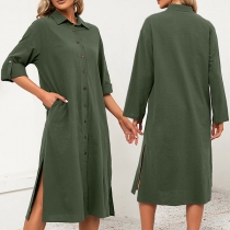 Chic Style Long Sleeve POLO Collar Slit Hem Solid Color Long-style Shirt