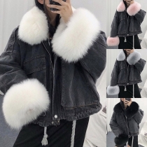 Fashion Detachable Faux Fur Collar Long Sleeve Plush Lining Denim Coat