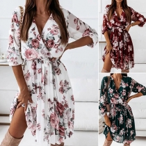 Sexy V-neck Long Sleeve High Waist Printed Chiffon Dress