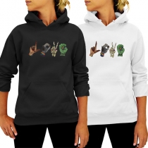 Casual Style Long Sleeve Hooded Gesture Printed Sweatshirt
