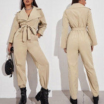 Fashion Solid Color Long Sleeve Notched Lapel High Waist Jumpsuit