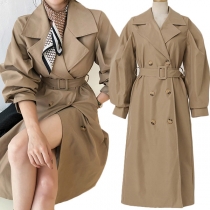Fashion Solid Color Lantern Sleeve Double-breasted Windbreaker Coat with Waistband
