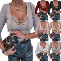 Sexy Lace-up V-neck Long Sleeve Solid Color Slim Fit T-shirt
