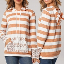 Casual Style Long Sleeve Hooded Lace Spliced Loose Stripe Sweatshirt