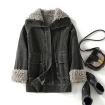 Retro Style Long Sleeve Faux Lamb Wool Lining Warm Denim Cot