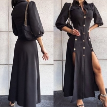 Chic Style 3/4 Sleeve POLO Collar Slit Hem Metal Button Shirt Dress