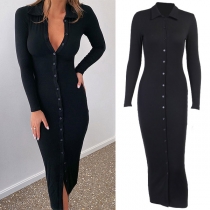 Sexy V-neck Single-breasted Long Sleeve Solid Color Slim Fit Dress
