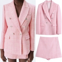 OL Stil Långärmad Dubbelknäppt Blazer Coat + High Waist Skort i Två Delar