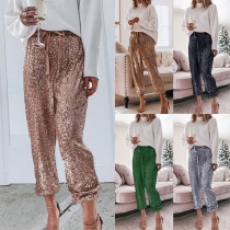 Fashion Drawstring High Waist Stretch Leg Opening Sequin Pants