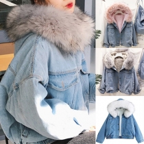 Fashion Long Sleeve Faux Fur Collar Plush Lining Denim Coat