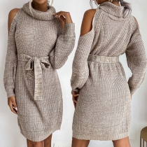Sexy Off-shoulder Long Sleeve Turtleneck Solid Color Tie-belt Sweater Dress