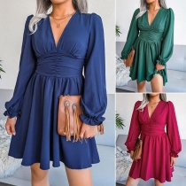 Sexy V-neck Long Sleeve High Waist Solid Color Chiffon Dress