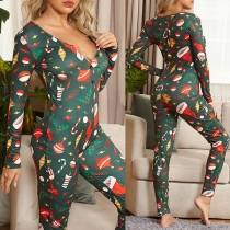 Cute Cartoon Christmas Printed Long Sleeve V-neck Slim Fit Jumpsuit