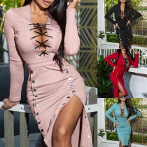 Sexy Lace-up Deep V-neck Button Slit Hem Long Sleeve Tight Dress