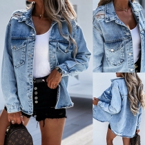 Casual Stil Långärmad POLO Krage Enkelknäppt Ripped Denim Kappa