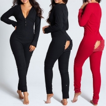 Sexig V-ringad Enfärgad Enstycks Pyjamas i Slim Fit med Baklucka för Hemmabruk