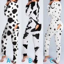 Sexig V-ringad Jumpsuit med Tryck, Slim Fit och Butt Flap, för komfortabelt hemmabruk och pyjamas, allt i ett stycke