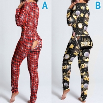 Sexy V-neck Butt Flap Slim Fit Printed Home-wear Jumpsuit One-piece Pajama