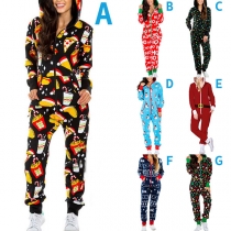Cute Christmas Printed Long Sleeve Hooded Home-wear Jumpsuit One-piece Pajama