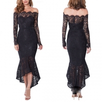 Sexy Off-shoulder Boat Neck Lace Spliced Slim Fit Fishtail Party Dress