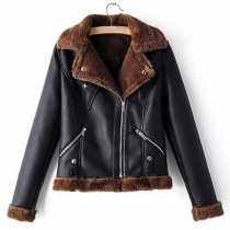 Fashion Long Sleeve Notched Lapel Plush Lining PU Leather Coat
