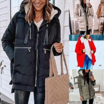 Fashion Solid Color Long Sleeve Hooded Zipper Pocket Warm Padded Coat