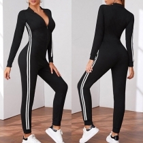 Casual Stil Randig Splicad Långärmad Slim Fit Sport Jumpsuit med dragkedja