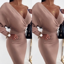 Sexy V-neck Dolman Sleeve Solid Color Slim Fit Dress