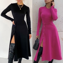 Elegant Solid Color Long Sleeve Round Neck Slit Hem Slim Fit Knit Dress