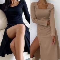 Sexy Square Collar Slit Hem Long Sleeve Solid Color Slim Fit Dress