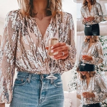 Sexy V-neck Lantern Sleeve Sequin Top