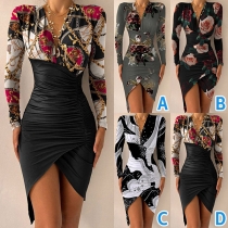 Sexy Deep V-neck Irregular Hem Long Sleeve Slim Fit Printed Dress